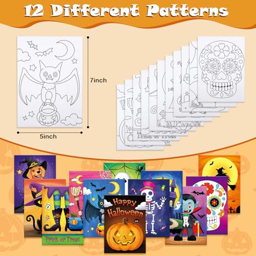 Anseal 12 Packs Pre Drawn Canvas to Paint, 5" X 7" Halloween Pre Printed Canvas for Kids, Pre Stretched Canvas Outline Painting Boards for Beginners, Students, Party Favor - style: Halloween