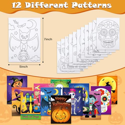 Anseal 12 Packs Pre Drawn Canvas to Paint, 5" X 7" Halloween Pre Printed Canvas for Kids, Pre Stretched Canvas Outline Painting Boards for Beginners, Students, Party Favor - style: Halloween