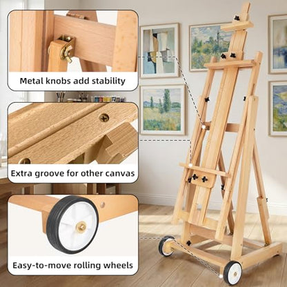 Studio H-Frame Easel with Tilting & Flat Position, Natural | Sturdy Adjustable Beech Wood Painting Easel for Painting, Holds Canvas Art up to 77" - style: Natural
