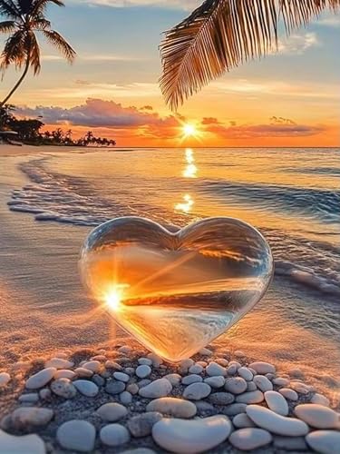 Xylogist Sunset Beach Diamond Art Kits for Adults 12 x 16 Inch | Sunset Beach Diamond Painting Kits, Love Diamonds Art Painting kit, 5D Round Full Diamonds Gem Art Kit for Home Decor Gift - color: 1 Pack Beach Heart, size: 11.8 x 15.7 in