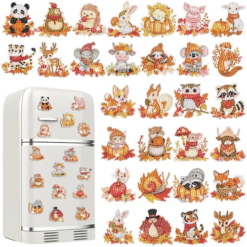 Xuhal 30 Pcs Fall Animal Diamond Painting Magnet Diamond Art Kits for Adult | Autumn Animal Refrigerator Magnet, Thanksgiving 5D Rhinestone Fridge Magnetic Sticker, Diamond Club Gifts, Small DIY Crafts - color: Fall