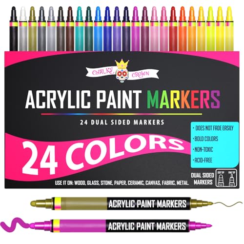 CHALKY CROWN Dual Tip Acrylic Paint Markers - Assorted - 24 Pack | Dual Fine & Dot Tips for Rock Painting, Wood, Fabric & Glass - Water-Based Non-Toxic Ink - Vibrant Assorted Colors - style: 6mm - 24 Pack