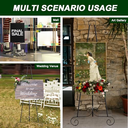 2 Pack 46'' Metal Round Tube Scroll Display Easel, Classic Black Decorative Large Adjustable Floor Standing Easel with Chain Support, Perfect for Showcasing Pictures, Artwork, Wedding Sign Etc