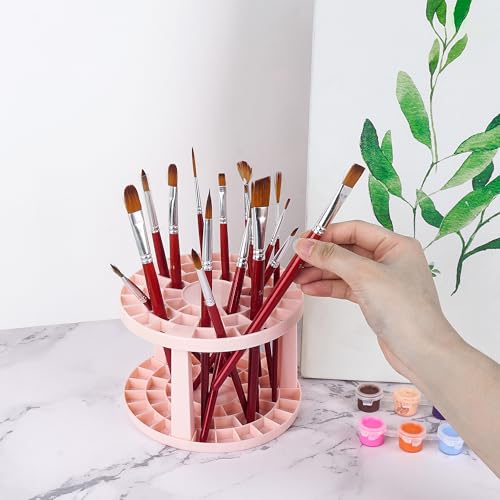 Round 50 Hole Paint Brush Holder and Organizer, Makeup Cosmetic Brushes, Pencils, Pens, Markers, Art Tools, Desk Stand (Pink) - color: Pink