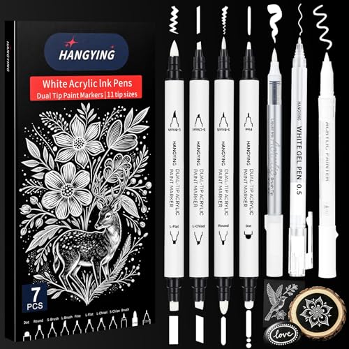HANGYING White Pens Set, Gel Ink Pens, Dual-Tip Acrylic Paint Markers,7PCS