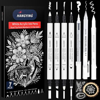 HANGYING White Pens Set, Gel Ink Pens, Dual-Tip Acrylic Paint Markers,7PCS