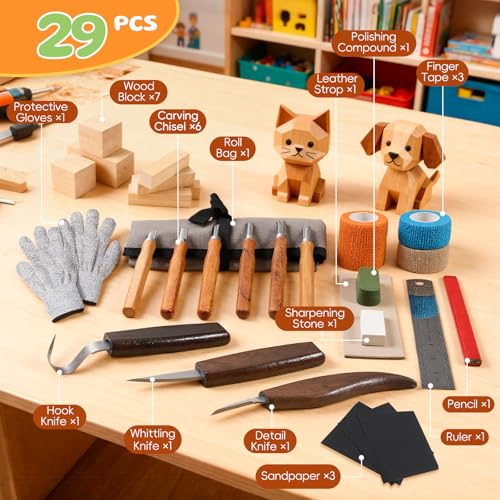 Housolution Wood Carving Kit with Carrying Bag, 30PCS Wood Carving Tools | Whittling Kit Includes Carving Knives Carving Chisels Basswood Blocks Gloves, Woodworking Tools for Beginners DIY Hobbies