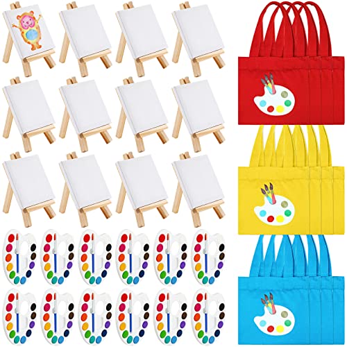 Seajan 12 Set Mini Watercolor Paint Set Include 3 x 3'' Mini Canvas Wood Easel 12 Colors Watercolor Paints and Canvas Tote Bags for Easter Classroom Art Party Favors Painting Beginner