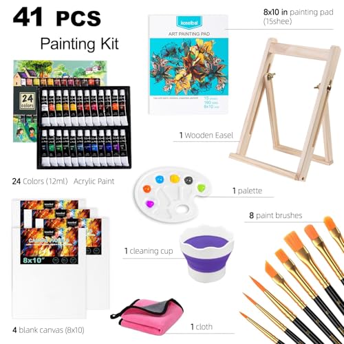 koseibal 24 Color Acrylic Paints Set with Tabletop Easel and Canvas Pad | Art Painting Supplies Kit for Kids & Adults, 24 Vibrant Acrylic Tubes, 4 Canvas Boards, 8 Brushes, Drawing Pad - color: 24x12ml+Easel-S