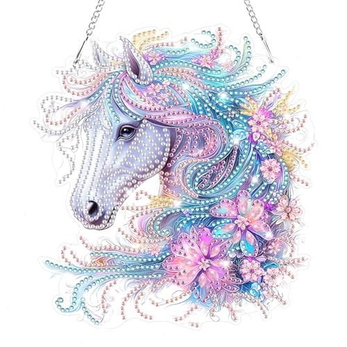 Bowetile Horse Diamond Art Hanging Kits for Adults, 5D Special Shape Diamond Painting Flowers Pendant Kits, Animal Gem Art Suncatchers Painting Window Ornament for Home Garden Wall Decor - color: Horse-02