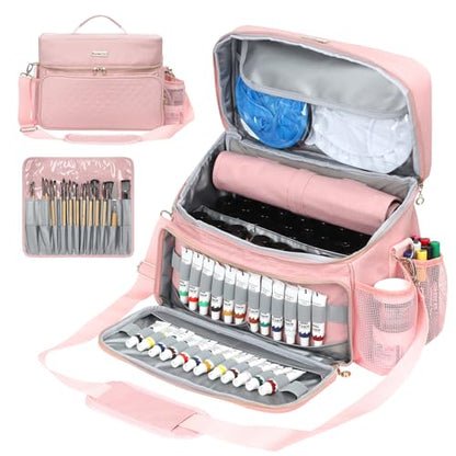 Acrylic Paint and Brush Set Organizer Bag - Carrying Case Compatible with Apple Barrel, Shuttle Art, Caliart Art Supplies - Includes Detachable Paint Brush Holder - for Home/Travel/Outdoor (Pro Pink) - color: Pro Pink