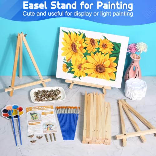16 Pack 9 Inch Wood Tabletop Easel Canvas Stand Bulk for Painting | Tripod Art & Crafts Easel with Small Paint Brushes, Palettes Set for Sip and Paint Party, Display, Photo Picture Sign Holder