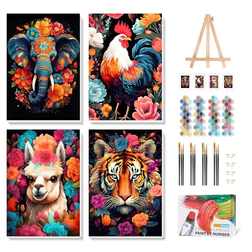 Camocin 4 Pack Framed Paint by Numbers Kit for Adults with Wooden Easel | Colorful Animal Artwork, Elephant Tiger Rooster Llama, DIY Canvas Painting Set, Boho Wall Decor, Beginner Friendly, 8x12 Inch - color: LBOP4PF05