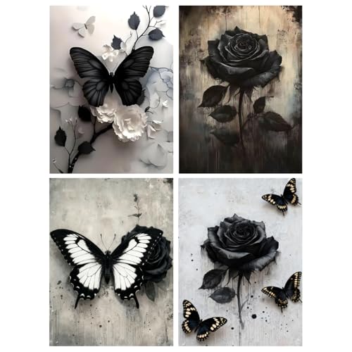 LWZAYS 4 Packs Gothic Diamond Art Kits for Adults, 5D Black Flower and Butterfly Full Round Drill Diamond Painting Kits,DIY Paintings Picture Arts Craft for Home Wall Decor 12 X 16Inch - color: G8871-JX0217-JX0218-JX0219-US