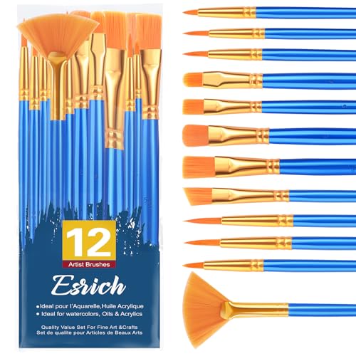 ESRICH Paint Brushes Set,1pack/12pcs Nylon Hair Round-Pointed Tip Acrylic Paint Brushes for Watercolor Oil Rock Face Painting,12 Sizes Paint Brush for All Purposes Kids Adult Arts Painting Brush Kits - size: 12p