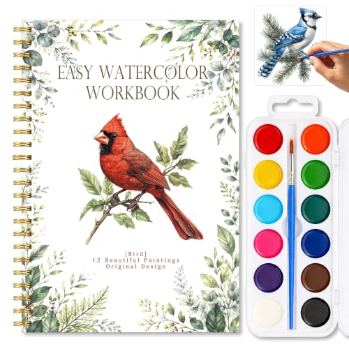 North American Bird Watercolor Workbook for Beginner, Watercolor Painting Book with 12 Different Pretty Bird Designs Include Cardinal Robin Song Birds, Water Coloring Book Set with Palette and Brush - color: Birds