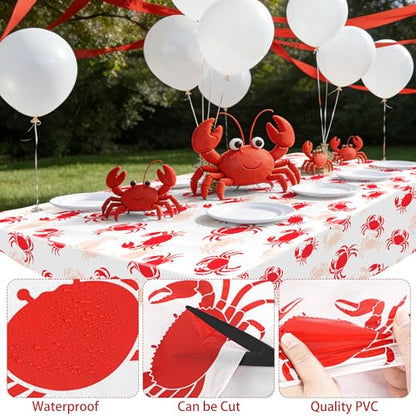 Kochorie 2 Pieces Crab Boil Plastic Tablecloth 108 x 54 Inch Rectangular White and Red Sea Animal Table Cover Waterproof Crab Tablecloth for Summer Party Supplies Home Outdoor Decorations - style: Crab