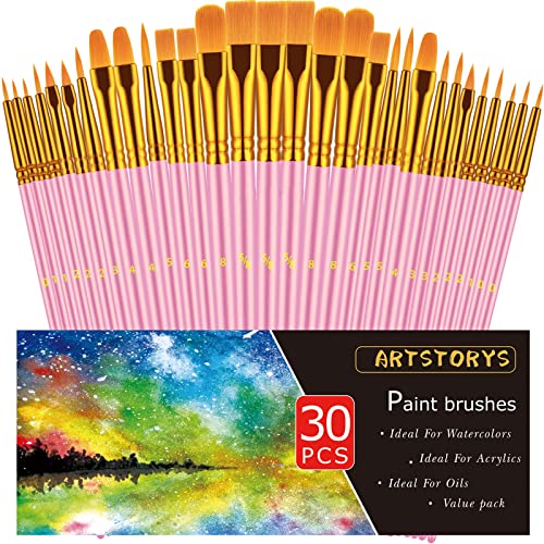 Artstorys 30Pcs Paint Brush Set for Acrylic, Oil & Watercolor, Pink - color: Nickel,pink