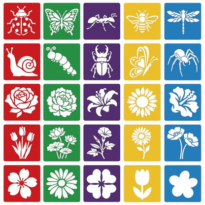 CUTHOLLOW Animals Fruit Plant Stencils, 24PCS 8-Inch Reusable Plastic | 24PCS 8-Inch Animals, Fruit & Plant Shapes, Reusable Washable Plastic, Painting, Crafts, Wall Art & Sidewalk Chalk - style: 25pcs-Flowers and Insects Patterns
