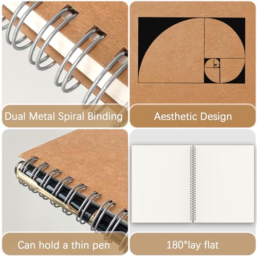 A4 Dotted Journal Notebook, 2 Pack Large Spiral Dot Grid Notebook, 200 Pages 100gsm Thick Dot Grid Paper Journal for Sketching Writing Taking Note and More - Kraft Brown Cover, 8.5" x 11" - color: Dotted