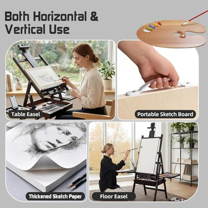 Beech Wood H-Frame Easel for Painting with Tray & Drawer, Walnut | Heavy-duty Floor Adjustable Height & Angle Studio Art Easel Stand, Holds 30"-50" Canvas, Foldable Painting Easel for Adults - color: Walnut