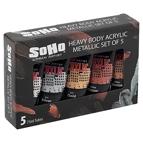 Soho Urban Artist Heavy Body Acrylic Paint - Set of 5-75mL - Metallic - Thick, Rich Color, Excellent Coverage, Professional Quality - Artists Acrylic Paint