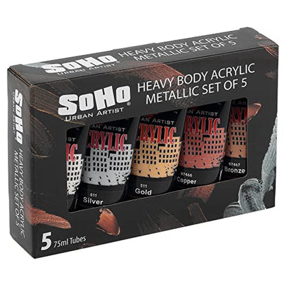 Soho Urban Artist Heavy Body Acrylic Paint - Set of 5-75mL - Metallic - Thick, Rich Color, Excellent Coverage, Professional Quality - Artists Acrylic Paint