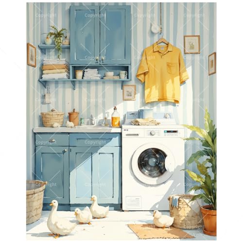 Cute Paint by Numbers Kit for Adults - DIY Ducks Walking Around Laundry Room Painting on Canvas 8x12In, Framed Acrylic Paint Set, Suitable for Beginners, Quirky Art for Home Decoration or Gifts - color: FM05210, size: 8×12in Framed