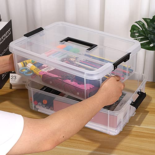 JUXYES 2-Tiers Plastic Stack Carry Storage Containers Box wih Handle Lids - color: Black