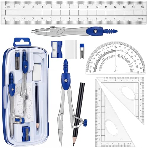 Zonon Math Geometry Set for Students 10 Pcs Compass Geometry Tools Kit Includes Protractor Compass Lead Refills Rulers Pencil Sharpener Eraser Pencil Storage Box for Drafting and Drawings(Dark Blue) - color: Dark Blue