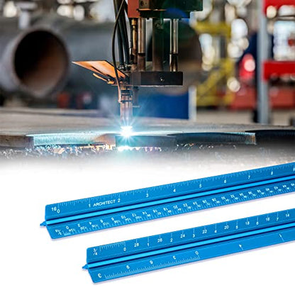 Architectural Scale Ruler, Imperial Measurements 12'' | Blue, Laser-Etched Aluminum Architect Triangular Ruler for Architects, Students, Draftsman, and Engineers - style: Blue-A
