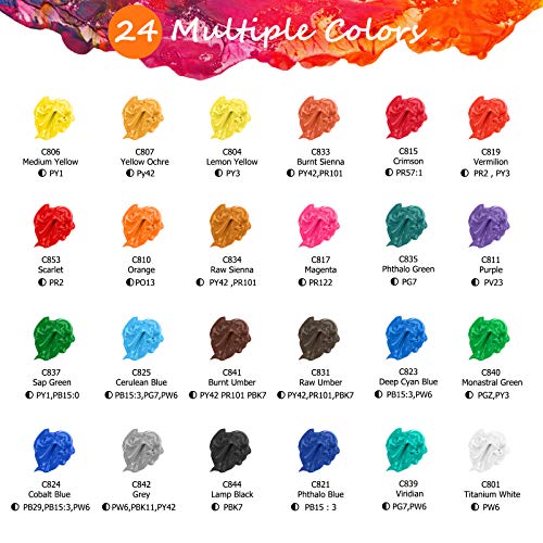 Caliart 24 Colors Acrylic Paint Set Large Bottles 4oz with 12 Brushes | Craft Painting kit for Adults Artists Beginners, Rich Pigment Non-toxic, Canvas Wood Rock Pumpkin Ceramic Art Supplies Paint - color: Regular, size: 4 Fl Oz (Pack of 24)