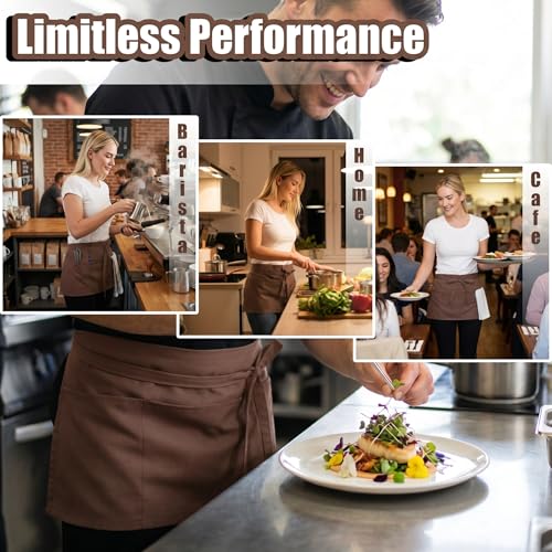 TOSHE Waist Apron 3 Pockets Waterdrop Resistant Cotton Server,Chef,Waitress - color: Brown