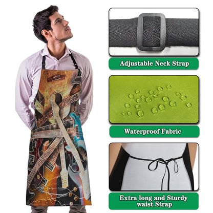 Funny Aprons for Adults Women Guitar Surrounded with the Lightnings Women Apron for Kitchen Cooking Restaurant BBQ Painting Crafting Gardening 27” (W) x 31” (H), Waterproof Apron - color: Guitar