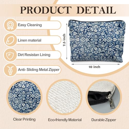 Vintage Blue Chinoiserie Floral Makeup Bag, Blue and White Flower Cosmetic Bags for Women, Retro Grandmillennial Indigo Floral Zipper Makeup Pouch - color: Dark Blue Flowers and grass