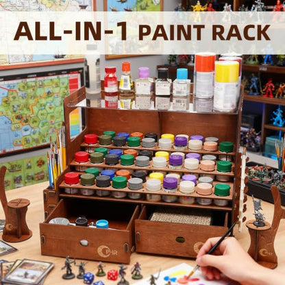 OPHIR Wooden Paint Rack for 60 Bottles with 2 Brush Holders & 2 Drawers - size: 1.42"-60 Hole