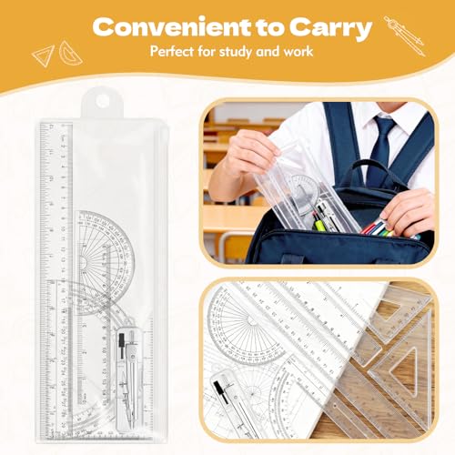 7Pcs Geometry Set-Clear Plastic Rulers,Triangle Ruler,Protractor,Compass | 12Inch & 6Inch Ruler Set for School Office Math Drawing Drafting Engineering Architecture Art