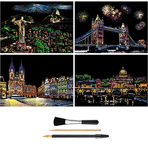 4-Sheet Rainbow Scratch Art with Tools for Adults & Teens, A4 Landmarks - color: Scenic Spots