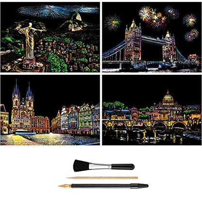 4-Sheet Rainbow Scratch Art with Tools for Adults & Teens, A4 Landmarks - color: Scenic Spots