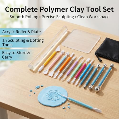 16PCS Clay Sculpting Tools Set with Roller & Storage Bag