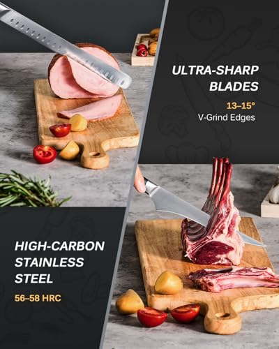 KYOKU 3pc Kitchen Knife Set - Japanese Steel Boning Slicing Butcher Set | 56-58 Hrc German 1.4116 Steel Full Tang Blades, Pakkawood Handles, Meat Fruit Vegetable Dicing Carving Set With Sheaths - style: Boning Slicing Scimitar 3pcs