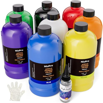 Nicpro 8 Colors Large Bulk Acrylic Pour Paint Set (33.8 oz, 1000 ml) Premixed High Flow Art Pouring Paint Supplies Kit with Silicone Pour Oil, Gloves for Beginner Cell Creation Flow DIY, Ready to Pour | High Flow Art Pouring Paint Supplies Kit with Silico