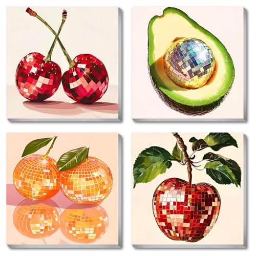 Canrichshop 4 Pack Disco Ball DIY Paint by Number Beginners,Fruit Oil Painting Adults' Paint-by-Number Kits,Acrylic Paint Kit with Frame for All Ages,Easy Paint by Numbers Kids on Canvas 8x8inch - color: BKH1240+BKH1241+BKH1242+BKH1243