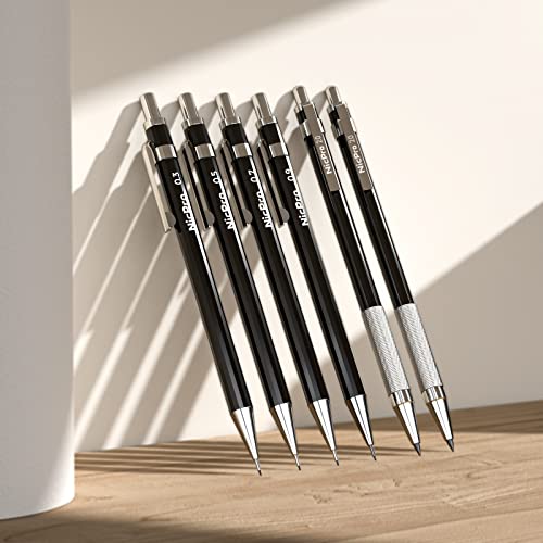 Nicpro 6 PCS Art Mechanical Pencil Set, Black Metal Drafting Pencil 0.3, 0.5, 0.7, 0.9 mm & 2PCS 2mm Graphite Lead Holder(4B 2B HB 2H) For Writing Sketching Drawing With 8 Lead Refills Eraser Case - color: Black