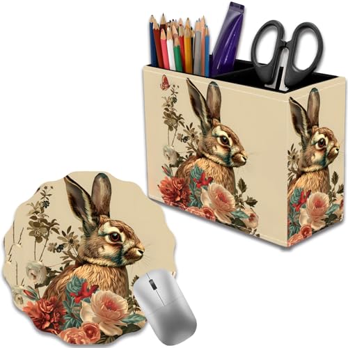 Pen Holder for Desk, PU Leather Multifunctional Desktop Storage Box and Anti-Slip Mouse Pad Set, Makeup Brush Holder Pen Organizer for Office and Home - Rabbit - color: Rabbit