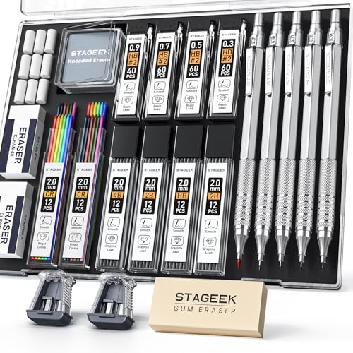 STAGEEK 21PCS Metal Mechanical Pencil Set, Art Lead Pencil 0.3, 0.5, 0.7, 0.9, 2mm Holder(HB 2H 2B 4B Color) with 10 Tubes Graphite Lead Refills Eraser with Case for Drafting Drawing Sketching - color: Silver, style: 0.3+0.5+0.7+0.9+2.0MM