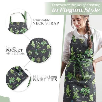 Maison d' Hermine Aprons for women with Pocket 100% Cotton (27.50"x31.50") | Adjustable Neck Strap & long ties Apron Men Chef Wedding Cooking Gardening Server Maid - color: 008 - Fresh Herbs