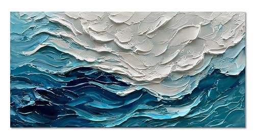 Art 24x48 inch Hand-Painted Blue Ocean Landscape Oil Painting Large Abstract Canvas Art Home Wall Decoration - color: Dn165