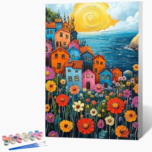 Framed Paint by Numbers Kit for Adults Beginner & Kids Ages 8-12, Landscape Flowers Adult Paint by Number Kits on Canvas with Frame, DIY Number Painting for Adults for Home Decor Gift 8 x 12 Inch - color: DG-OP-F-FlowersHouse-2030
