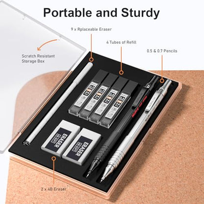 Nicpro 2 PCS Metal Mechanical Pencils 0.5mm & 0.7 mm with Case | MP1000 Artist Pencil Set with 4 Tubes HB Lead Refills, 2 Erasers, 9 Eraser Refills For Art Writing Drafting, Black & Silver - color: Silver,Black